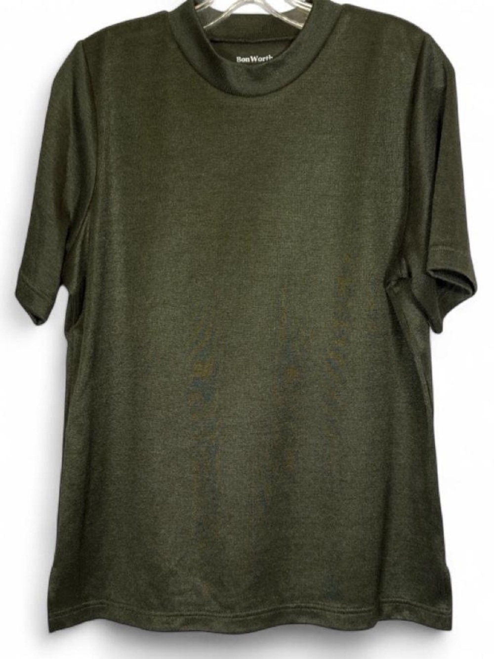 Bon Worth Deep Olive Short Sleeve Metallic Sheen Shirt Sz Sm Earthy